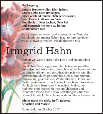 Traueranzeige von Irmgrid Hahn von WVG - Wochenspiegel Merseburg