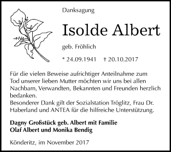 Traueranzeige von Isolde Albert von Mitteldeutsche Zeitung Zeitz