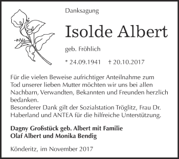 Traueranzeige von Isolde Albert von Super Sonntag Zeitz