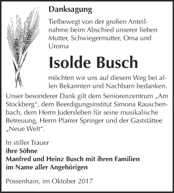 Traueranzeige von Isolde Busch von WVG - Wochenspiegel NMB / WSF / ZTZ