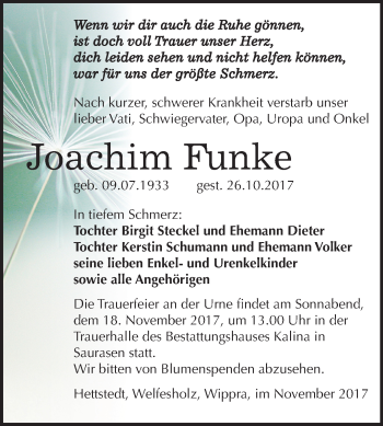 Traueranzeige von Joachim Funke von Mitteldeutsche Zeitung
