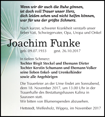 Traueranzeige von Joachim Funke von Wochenspiegel Mansfelder Land