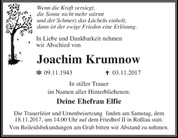 Traueranzeige von Joachim Krumnow von WVG - Wochenspiegel Dessau / Köthen