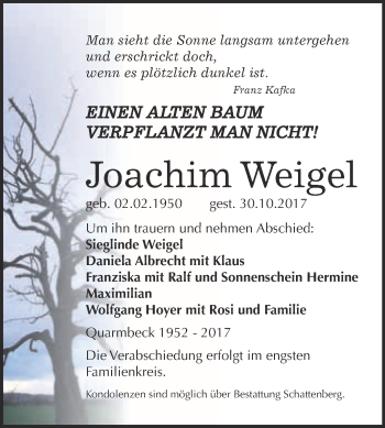 Traueranzeige von Joachim Weigel von Super Sonntag Quedlinburg