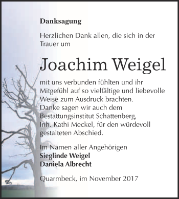 Traueranzeige von Joachim Weigel von Super Sonntag Quedlinburg