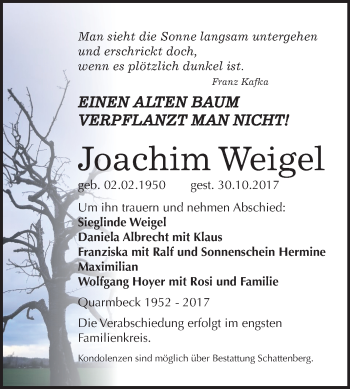 Traueranzeige von Joachim Weigel von Mitteldeutsche Zeitung Quedlinburg