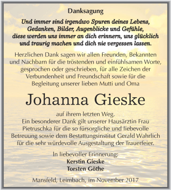 Traueranzeige von Johanna Gieske von Super Sonntag SGH Mansf. Land