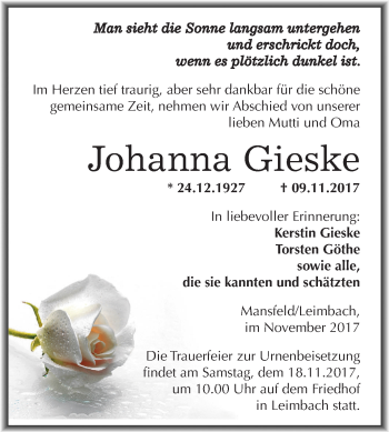 Traueranzeige von Johanna Gieske von Mitteldeutsche Zeitung