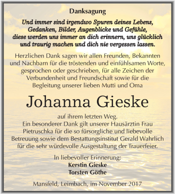 Traueranzeige von Johanna Gieske von Mitteldeutsche Zeitung