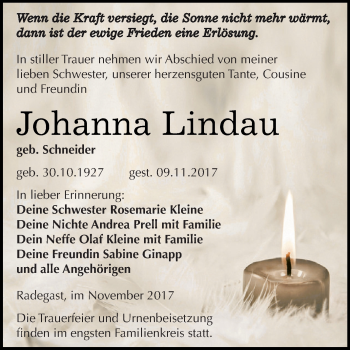 Traueranzeige von Johanna Lindau von WVG - Wochenspiegel Dessau / Köthen