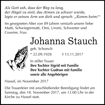 Traueranzeige von Johanna Stauch von Mitteldeutsche Zeitung Zeitz