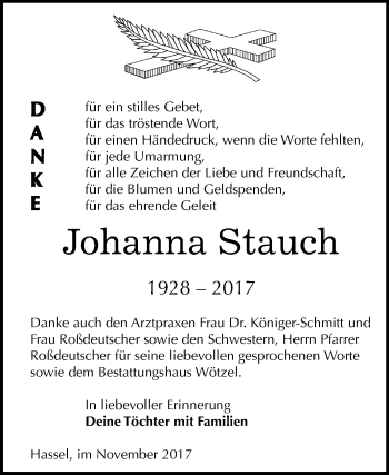 Traueranzeige von Johanna Stauch von Mitteldeutsche Zeitung Zeitz