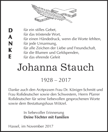 Traueranzeige von Johanna Stauch von Super Sonntag Zeitz