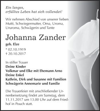 Traueranzeige von Johanna Zander von WVG - Wochenspiegel Bitterfeld