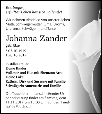 Traueranzeige von Johanna Zander von Mitteldeutsche Zeitung Bitterfeld