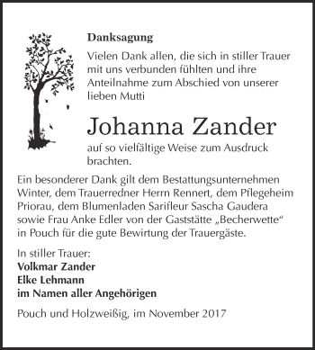 Traueranzeige von Johanna Zander von WVG - Wochenspiegel Bitterfeld