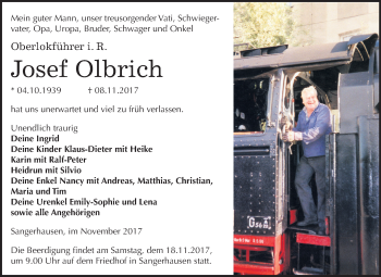Traueranzeige von Josef Olbrich von Mitteldeutsche Zeitung Sangerhausen