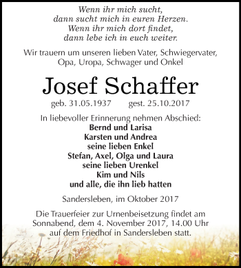 Traueranzeige von Josef Schaffer von Wochenspiegel Mansfelder Land