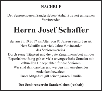 Traueranzeige von Josef Schaffer von Wochenspiegel Mansfelder Land