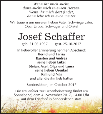Traueranzeige von Josef Schaffer von Mitteldeutsche Zeitung
