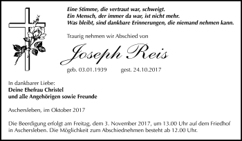 Traueranzeige von Joseph Reis von Mitteldeutsche Zeitung Aschersleben