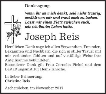 Traueranzeige von Joseph Reis von Super Sonntag Aschersleben