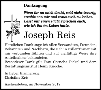 Traueranzeige von Joseph Reis von Mitteldeutsche Zeitung Aschersleben