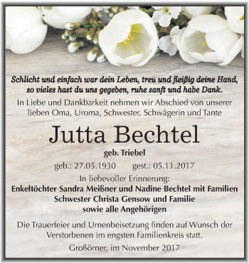 Traueranzeige von Jutta Bechtel von Mitteldeutsche Zeitung