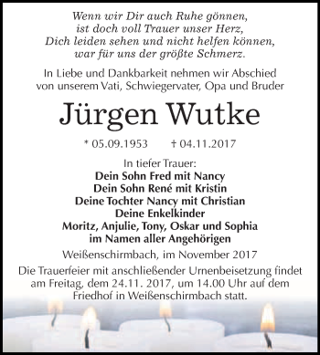 Traueranzeige von Jürgen Wutke von WVG - Wochenspiegel Merseburg