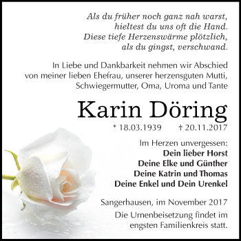 Traueranzeige von Karin Döring von Super Sonntag SGH Mansf. Land