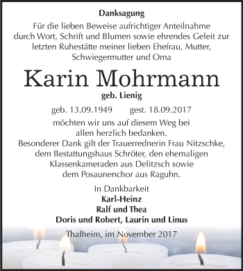 Traueranzeige von Karin Mohrmann von Mitteldeutsche Zeitung Bitterfeld