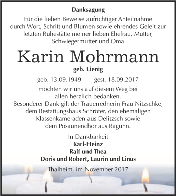 Traueranzeige von Karin Mohrmann von WVG - Wochenspiegel Bitterfeld