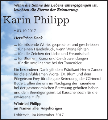 Traueranzeige von Karin Philipp von Mitteldeutsche Zeitung Weißenfels