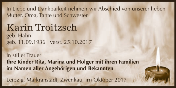 Traueranzeige von Karin Troitzsch von WVG - Wochenspiegel NMB / WSF / ZTZ