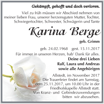 Traueranzeige von Karina Berge von Mitteldeutsche Zeitung Sangerhausen