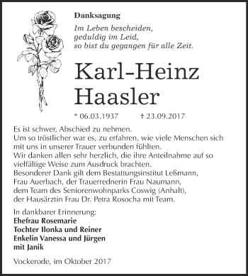 Traueranzeige von Karl-Heinz Haasler von WVG - Wochenspiegel Wittenberg