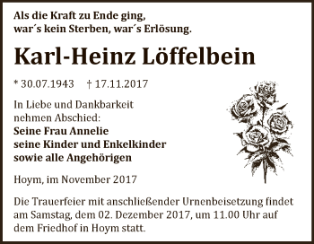 Traueranzeige von Karl-Heinz Löffelbein von Super Sonntag Aschersleben