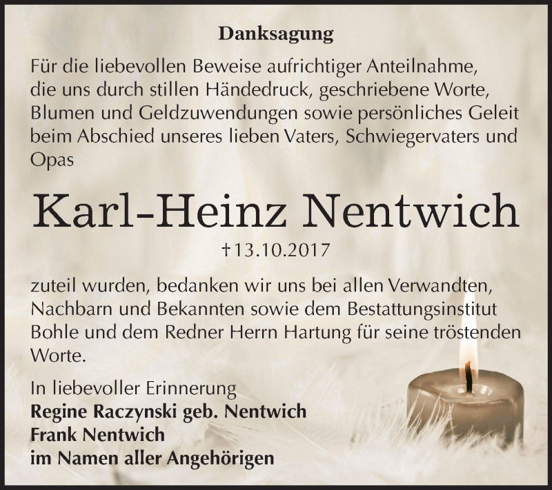  Traueranzeige für Karl-Heinz Nentwich vom 13.11.2017 aus Mitteldeutsche Zeitung Merseburg/Querfurt