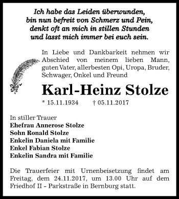 Traueranzeige von Karl-Heinz Stolze von Mitteldeutsche Zeitung Bernburg
