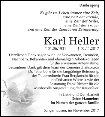 Traueranzeige von Karl Heller von Mitteldeutsche Zeitung Sangerhausen