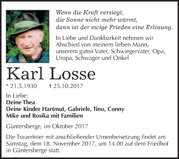Traueranzeige von Karl Losse von WVG - Wochenspiegel Quedlinburg
