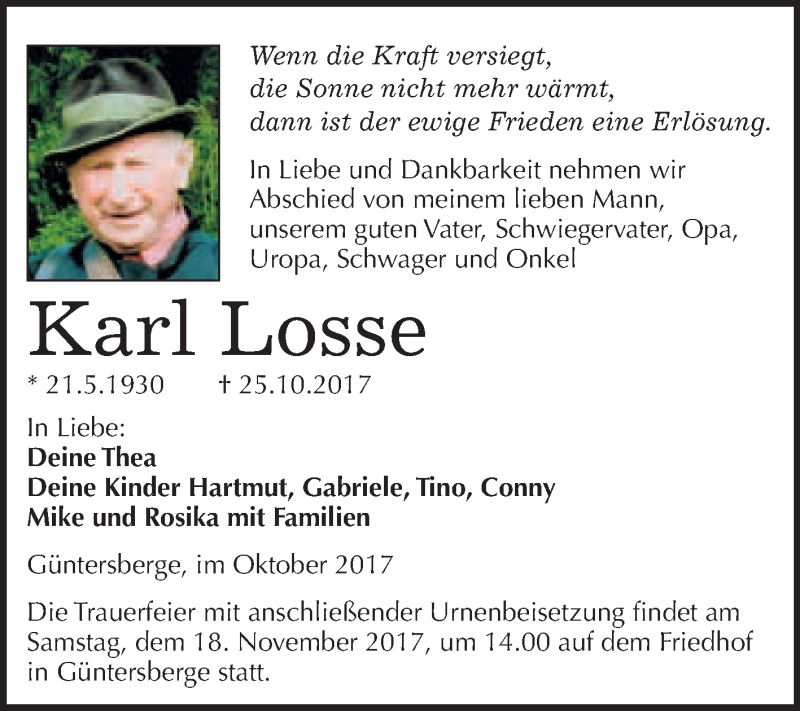  Traueranzeige für Karl Losse vom 04.11.2017 aus WVG - Wochenspiegel Quedlinburg