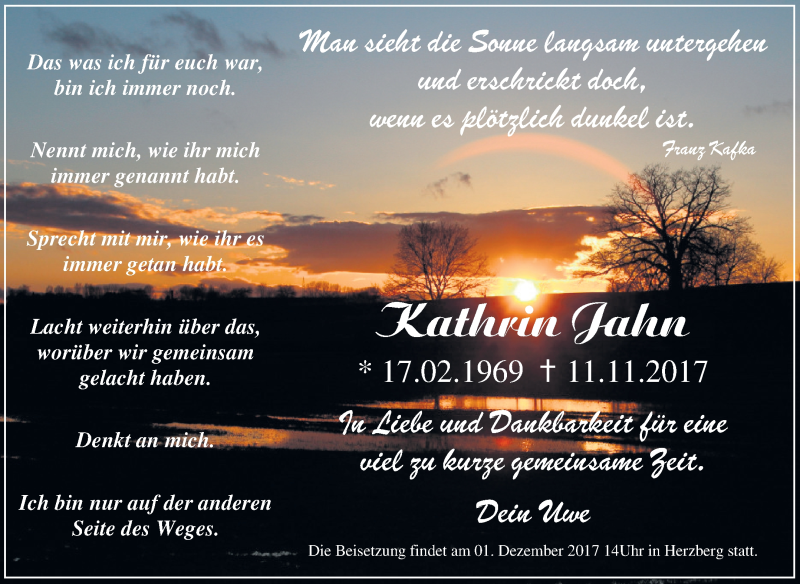  Traueranzeige für Kathrin Jahn vom 25.11.2017 aus Mitteldeutsche Zeitung