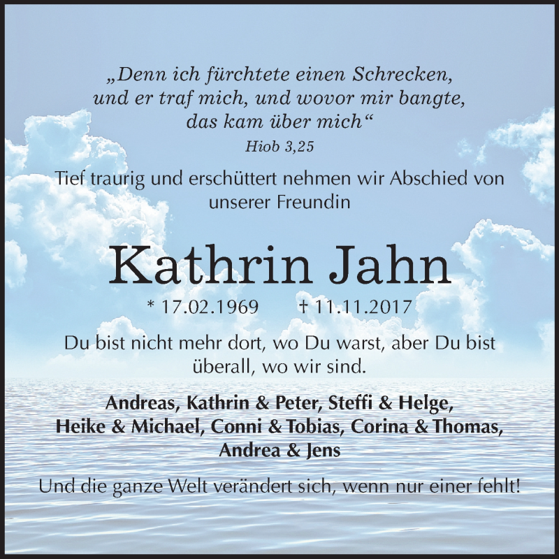  Traueranzeige für Kathrin Jahn vom 18.11.2017 aus Mitteldeutsche Zeitung