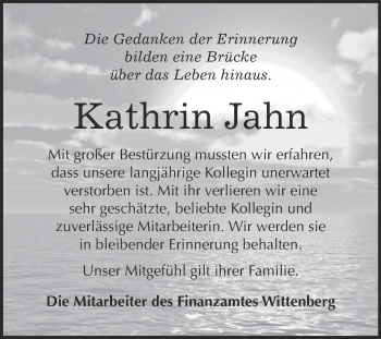 Traueranzeige von Kathrin Jahn von Super Sonntag Wittenberg