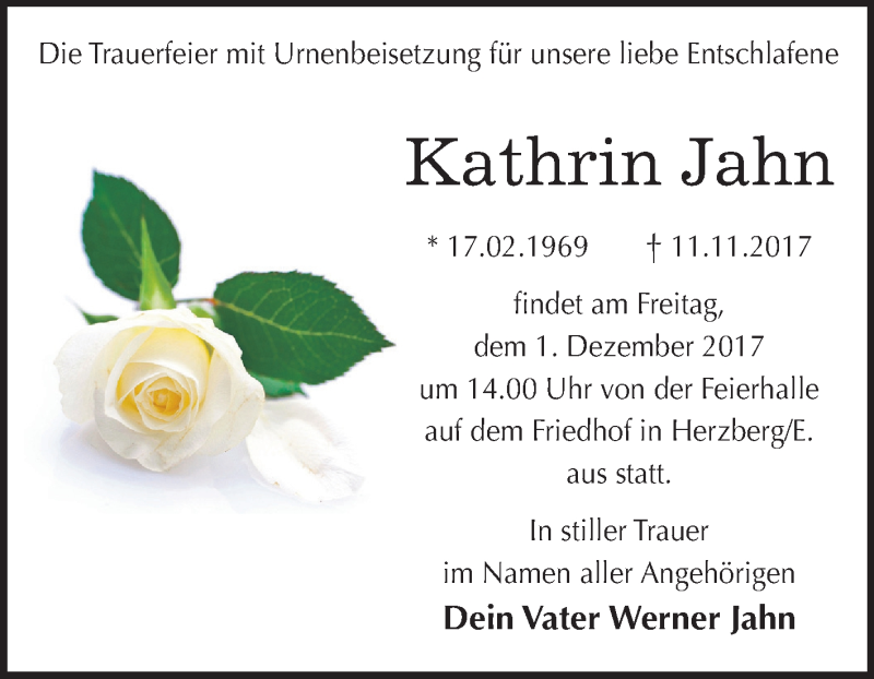  Traueranzeige für Kathrin Jahn vom 25.11.2017 aus Mitteldeutsche Zeitung