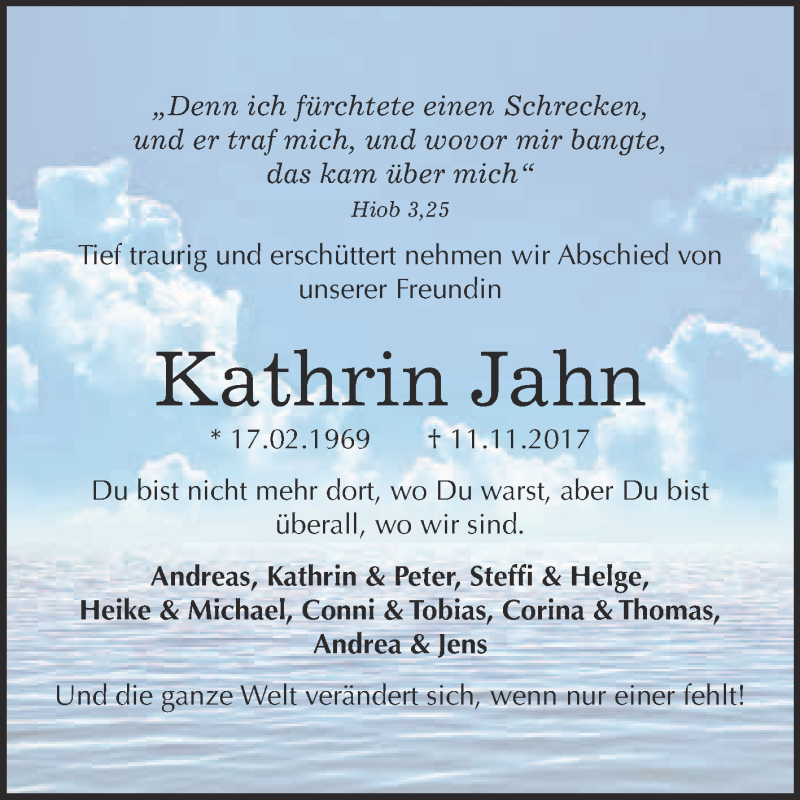  Traueranzeige für Kathrin Jahn vom 18.11.2017 aus Super Sonntag Wittenberg