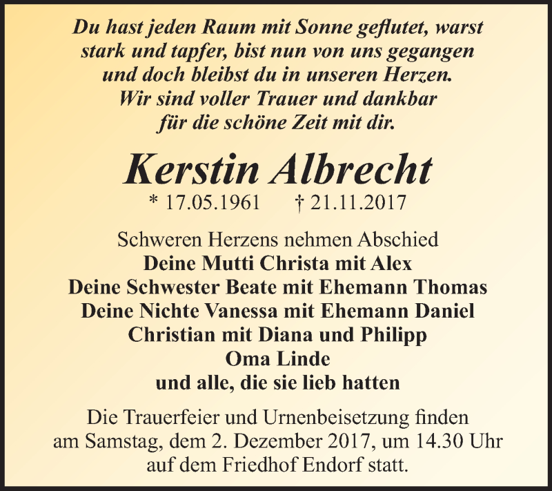  Traueranzeige für Kerstin Albrecht vom 25.11.2017 aus Mitteldeutsche Zeitung Quedlinburg