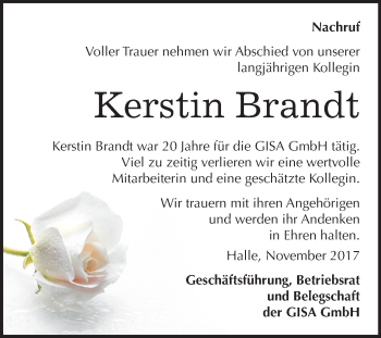Traueranzeige von Kerstin Brandt von Mitteldeutsche Zeitung Halle/Saalkreis