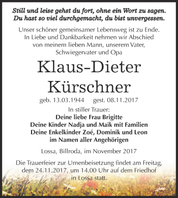 Traueranzeige von Klaus-Dieter Kürschner von WVG - Wochenspiegel NMB / WSF / ZTZ